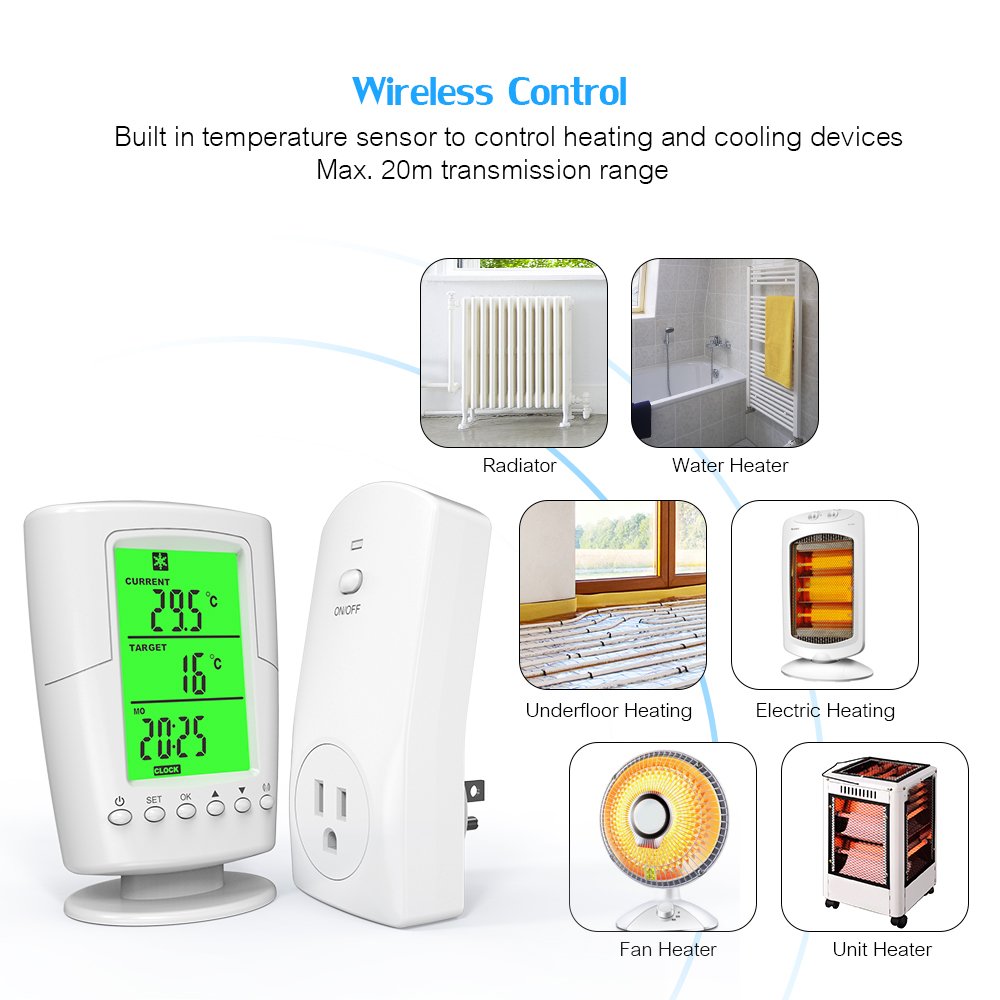 Smart Wireless Remote Control Thermostat+ Plug in Socket Heating Cooling Program Temperature Controller with LCD Backlight
