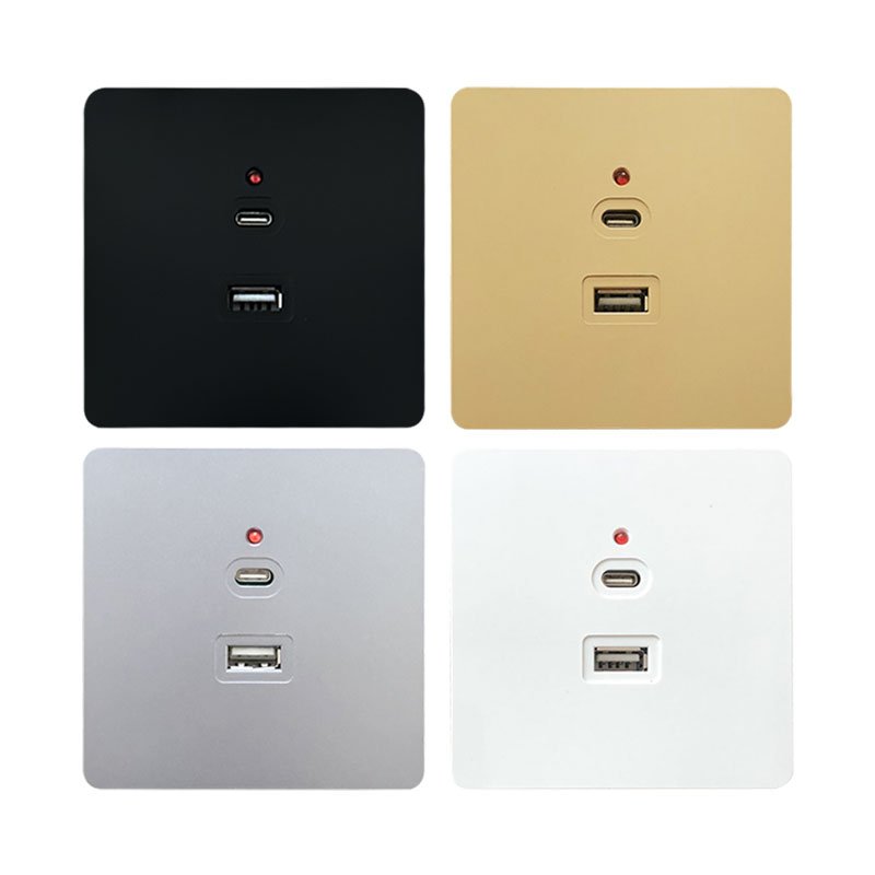 Black Universal Wall USB C Socket, 10W Type-c 2port USB Plug Adapter Outlet, Wall-mounted Eu 220V Electrical Power Socket