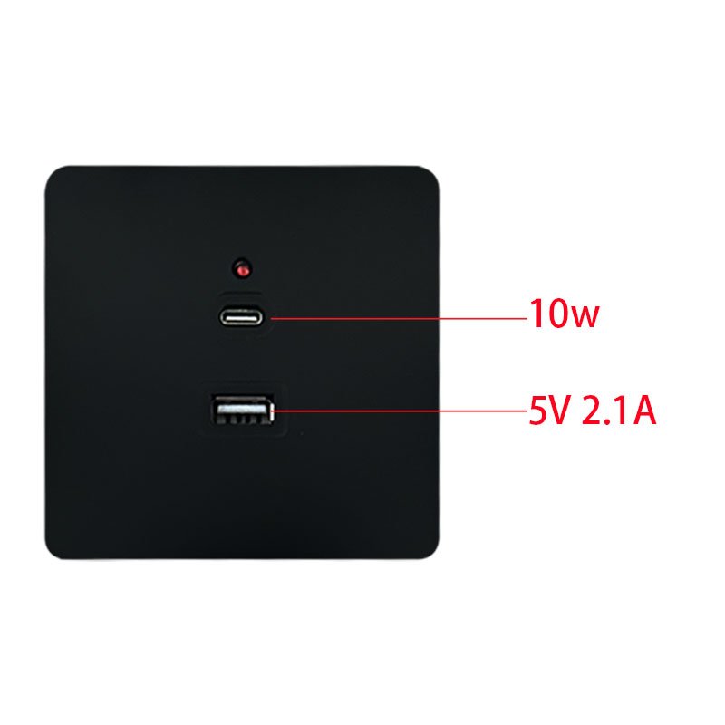 Black Universal Wall USB C Socket, 10W Type-c 2port USB Plug Adapter Outlet, Wall-mounted Eu 220V Electrical Power Socket
