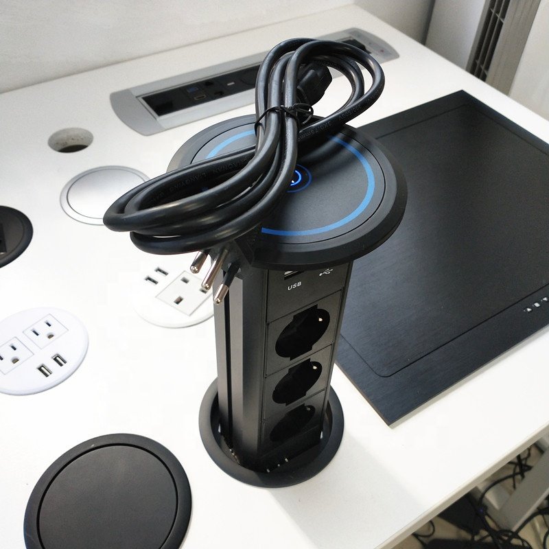 Factory customize Italy Chile plug wireless charger Tabletop Motorized kitchen Pop Up tower Socket with speaker