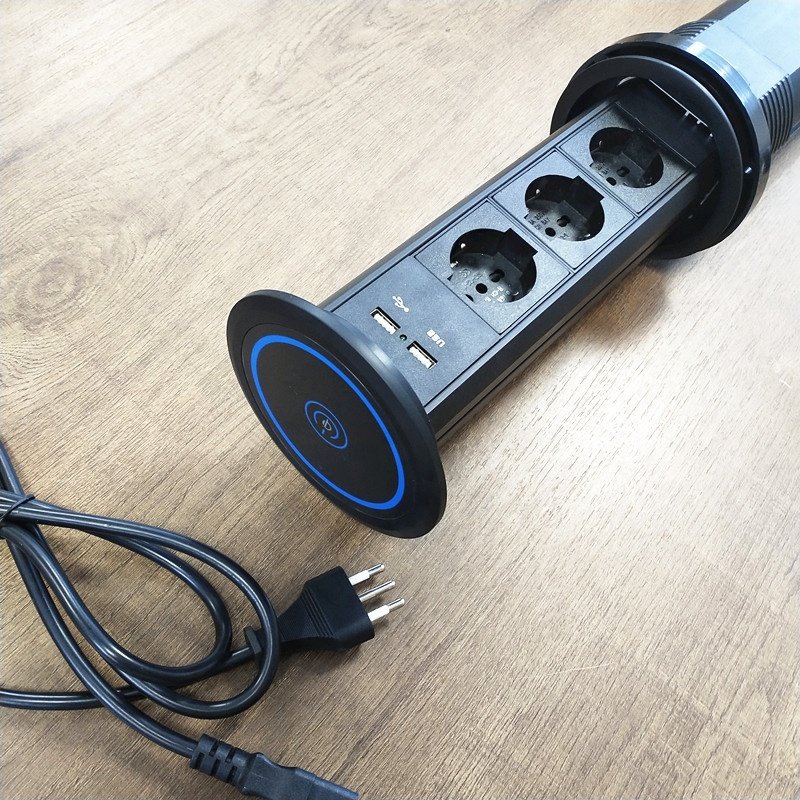 Factory customize Italy Chile plug wireless charger Tabletop Motorized kitchen Pop Up tower Socket with speaker