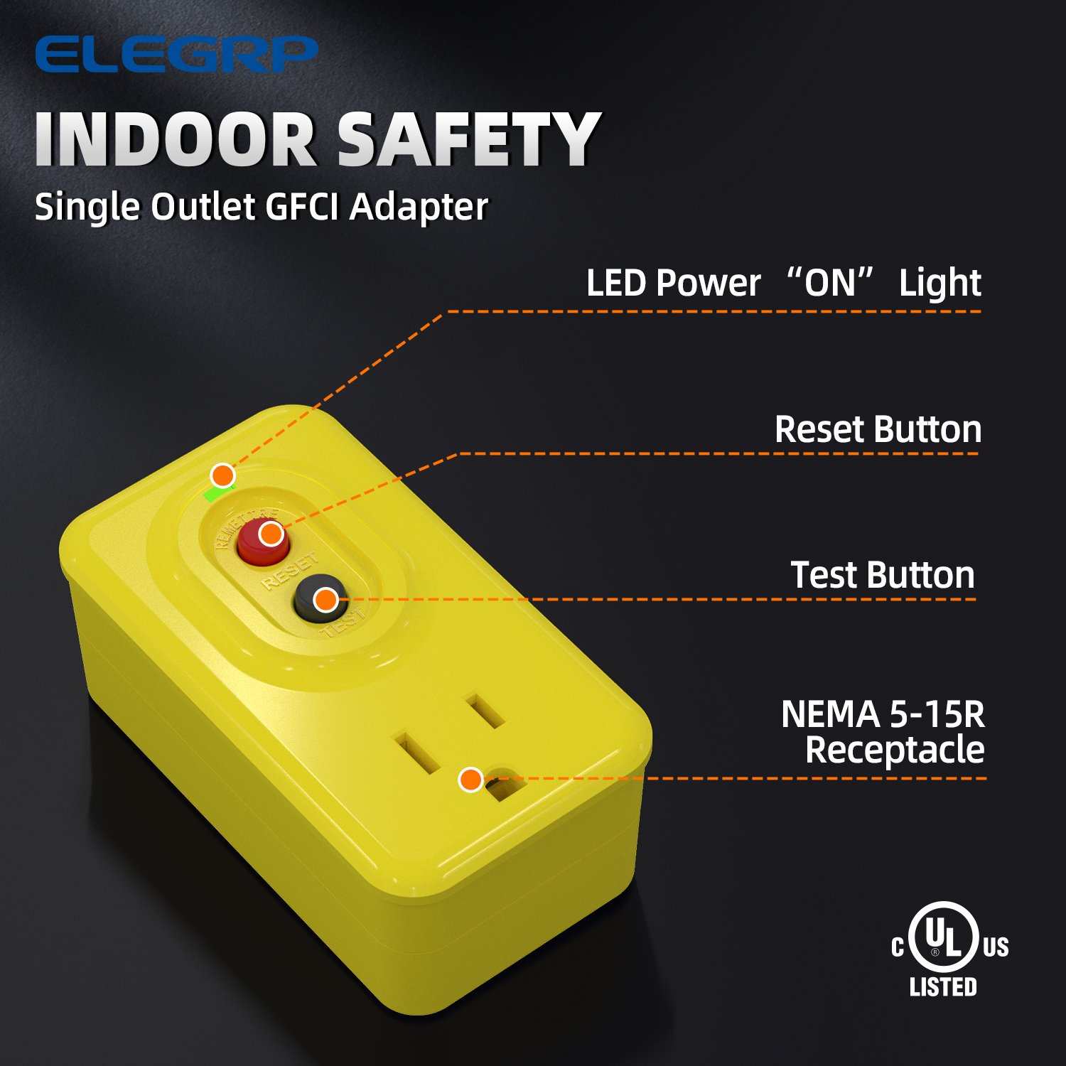 GFCI adapter 15A auto reset GFCI right angle plug 5-15R Single outlet Portable 3 pin GFCI plug with outlet