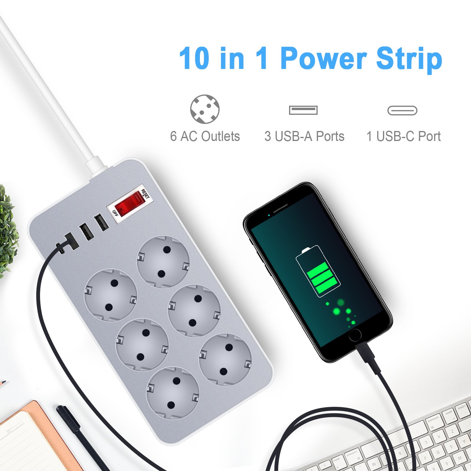 German Standard Extension Socket European USB & Russian Plug Spanish Cable Tray-Copper Conductor 10A Rated Power EU Plug Type