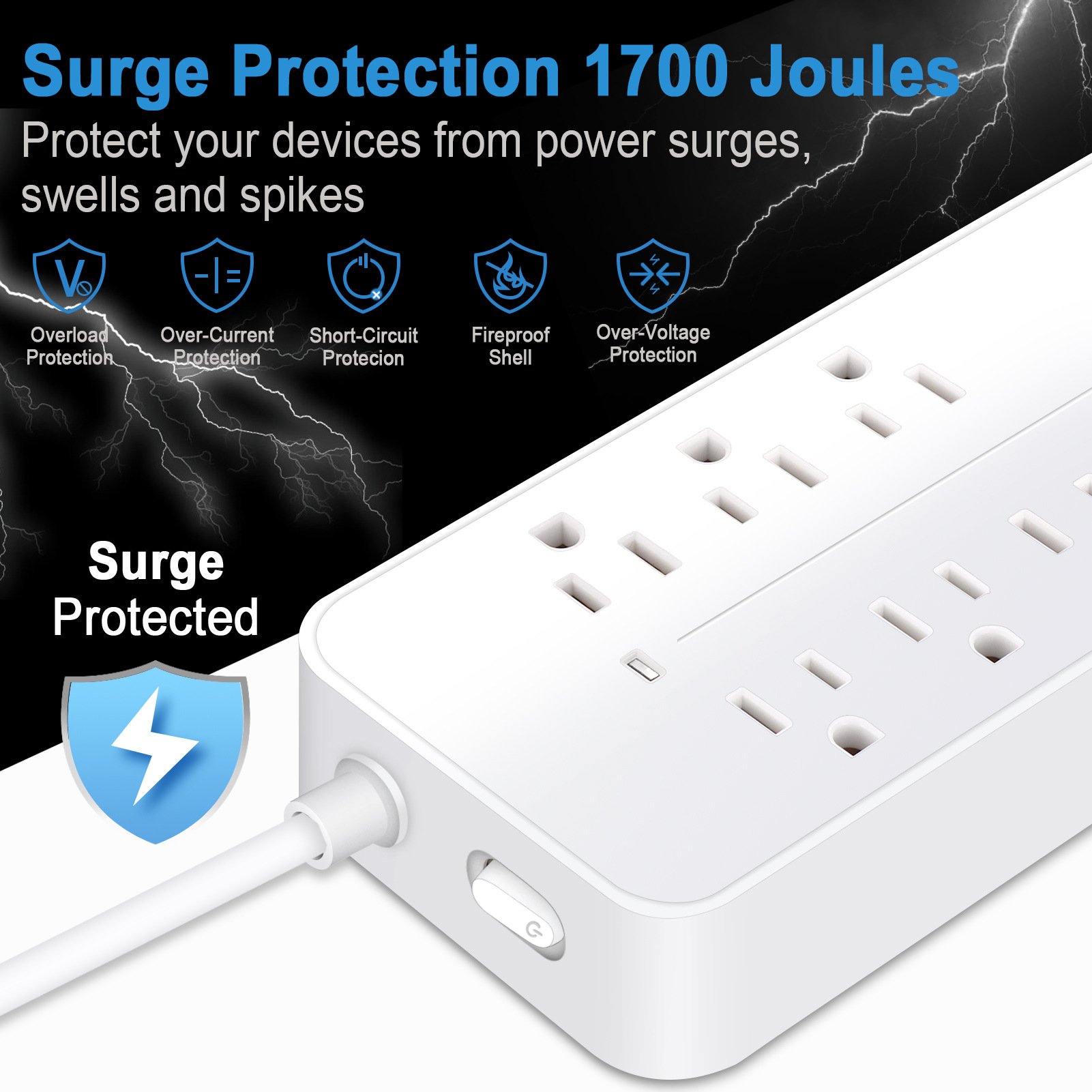 8 Outlet Surge Protector Power Strip with 3USB+1Type C Office Socket for Home UK Standard 250V USA Canada Mexico Travel Hotels