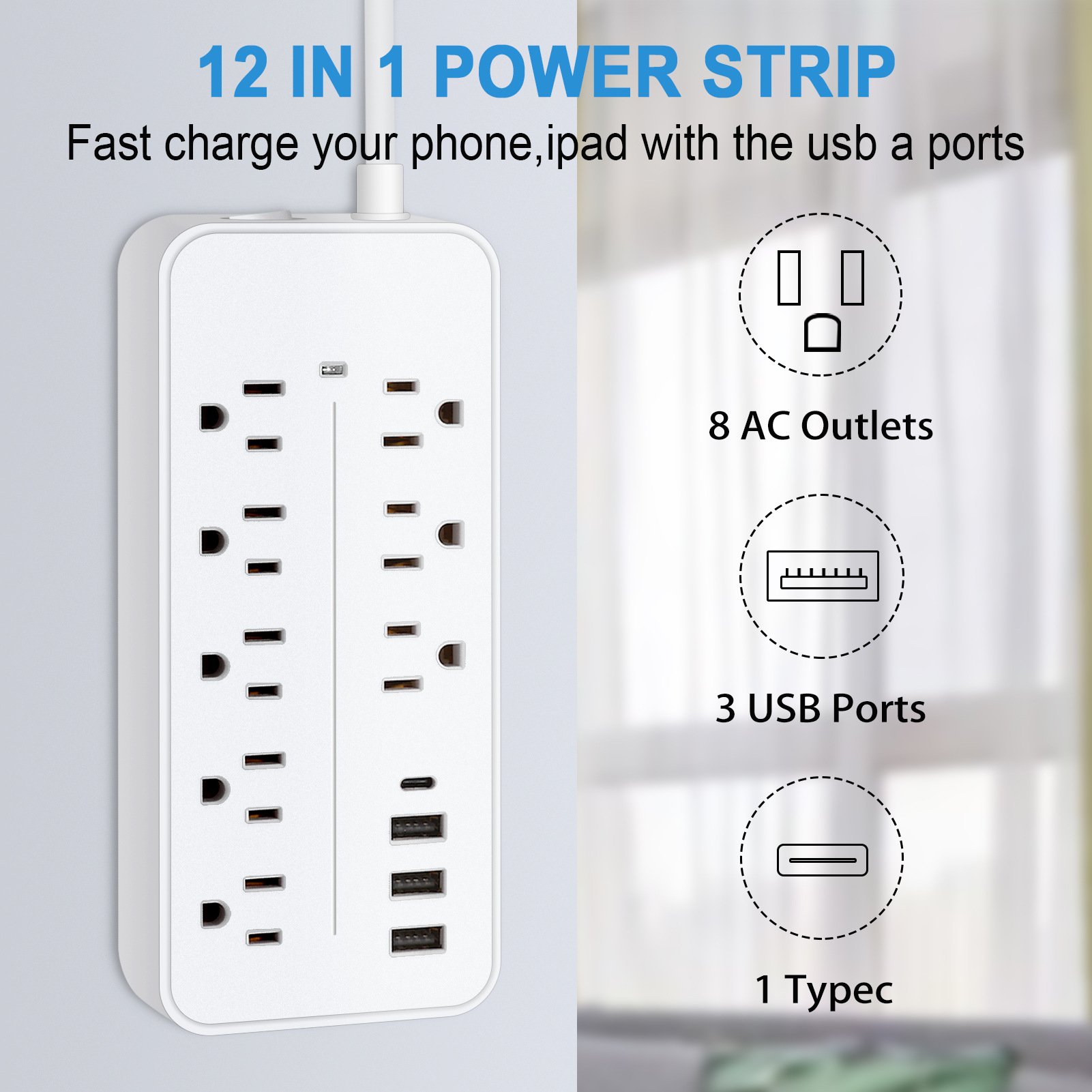 8 Outlet Surge Protector Power Strip with 3USB+1Type C Office Socket for Home UK Standard 250V USA Canada Mexico Travel Hotels