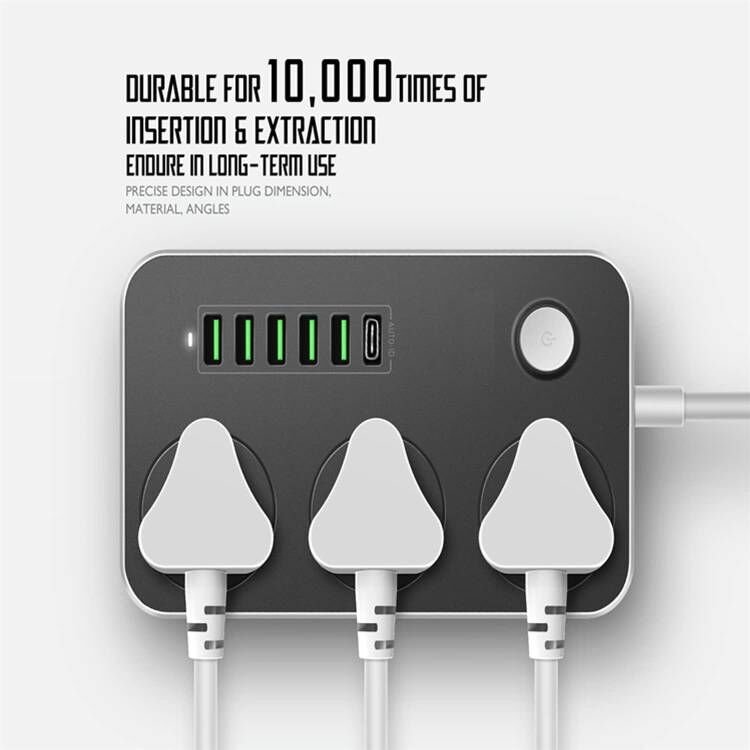 Power Strip with USB Port 3-Way Socket 6 USB Port Socket Power Socket with 2M Bold Extension Cord Surge Protector Plug
