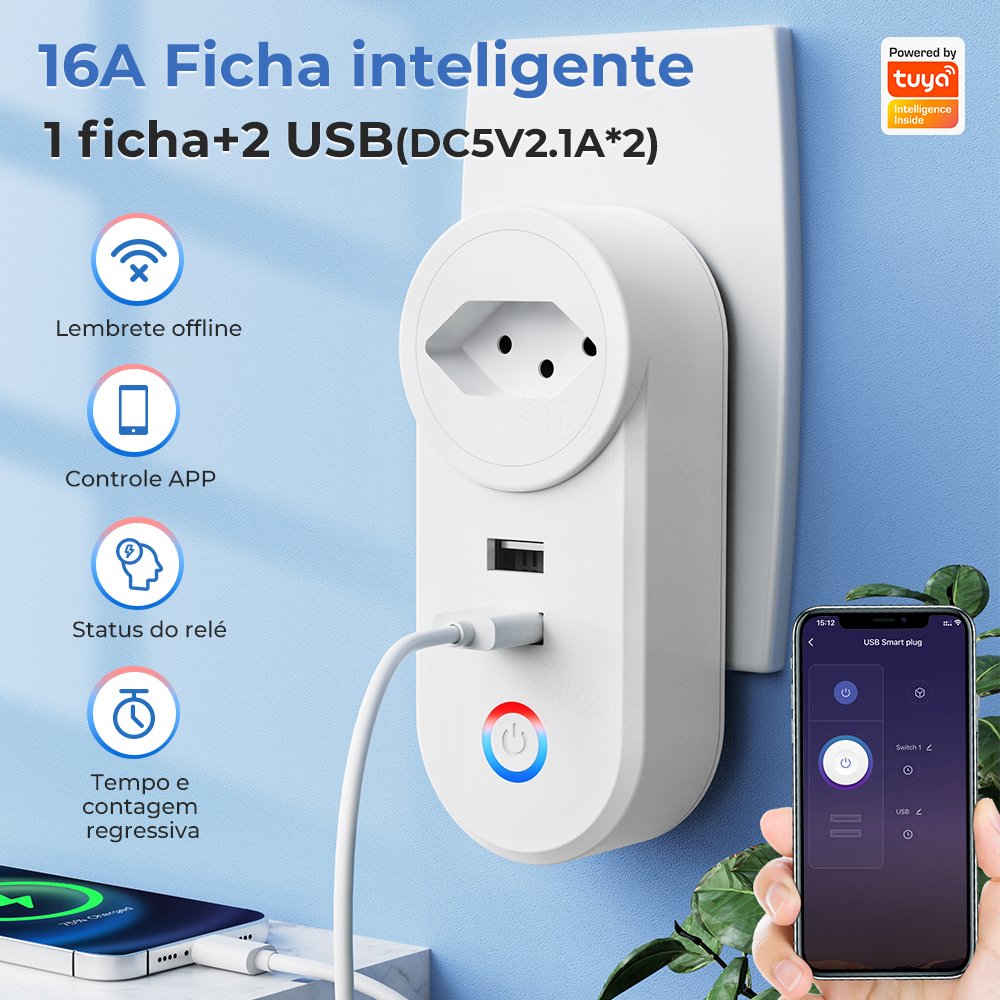 SMATRUL Brazil Plug 16A Outlet Adapter Charging Smart Life App Electrical For Google Home Alexa Tuya Wifi Smart USB Socket