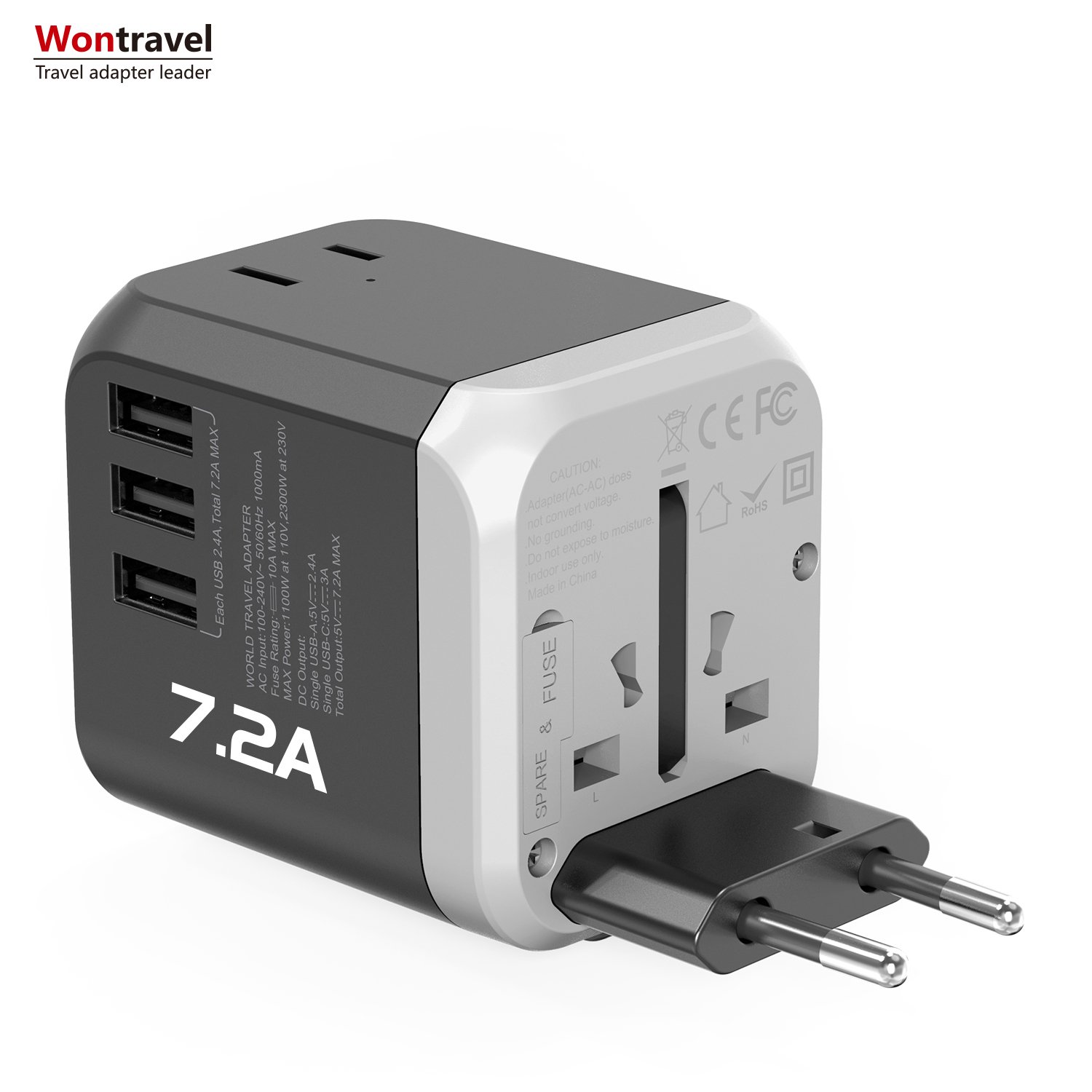 All in one Adaptor EU AUS UK US Plug Dual AC Socket Universal 7.2A Fast Charger Type C Global Travel Adapter