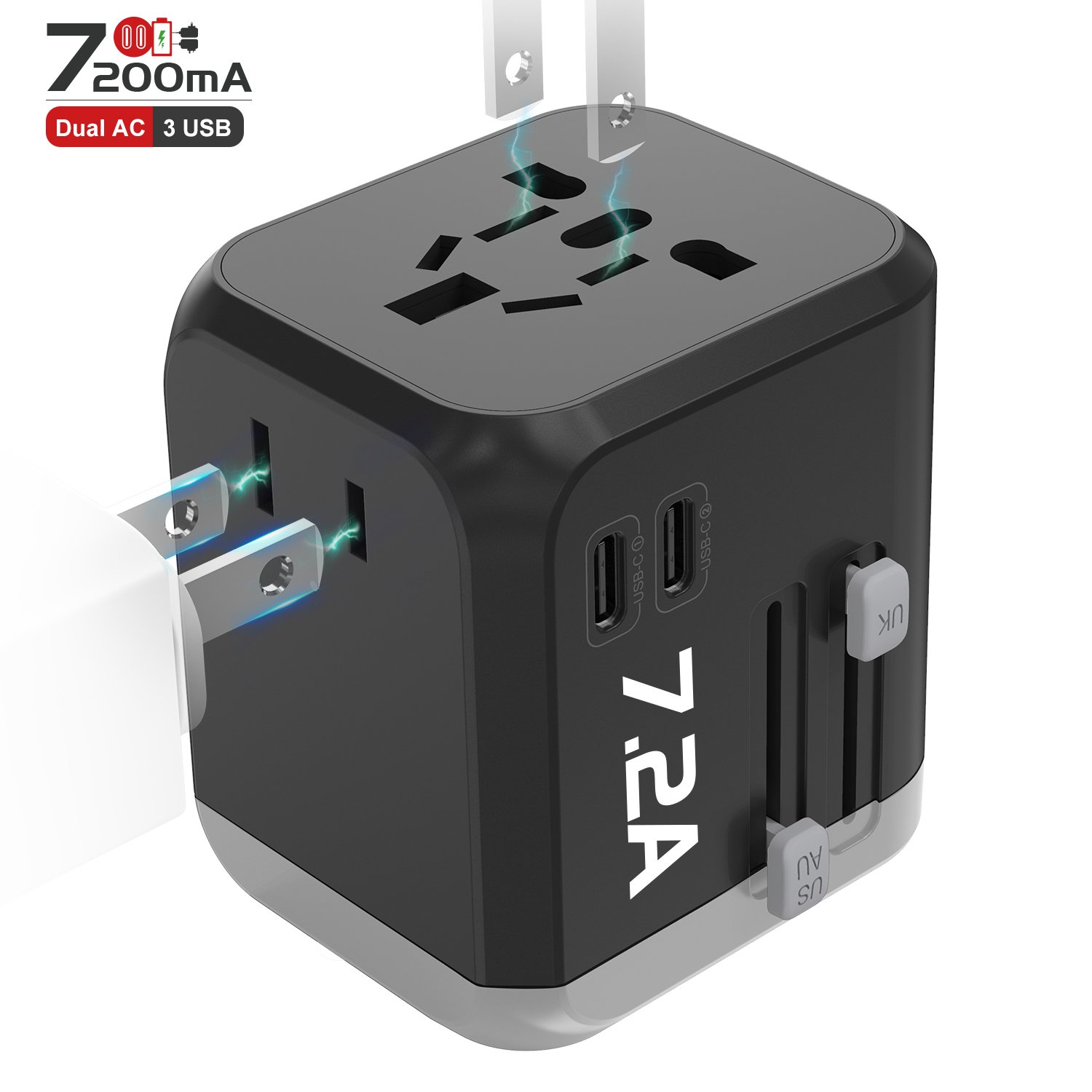 All in one Adaptor EU AUS UK US Plug Dual AC Socket Universal 7.2A Fast Charger Type C Global Travel Adapter