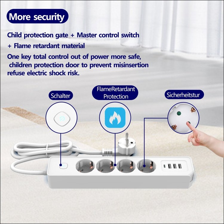 Power Strip Socket EU Standard Extension With 4 EU Outlets 3 USB 1Type C And Switch For Household Pure Copper Plug