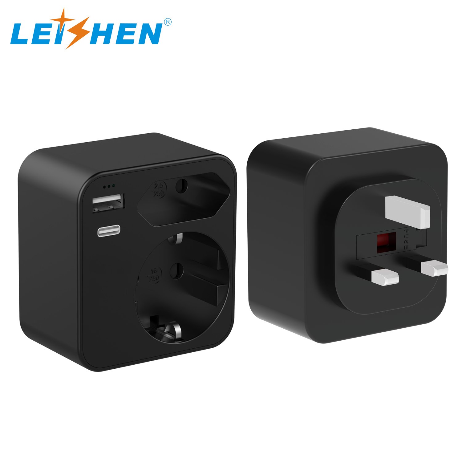 Leishen USB-A+Type-C EU to UK Travel Adapter 2 Pin Plug Adaptor to 3 Pin for Travel Electronic Device for German France Spanish
