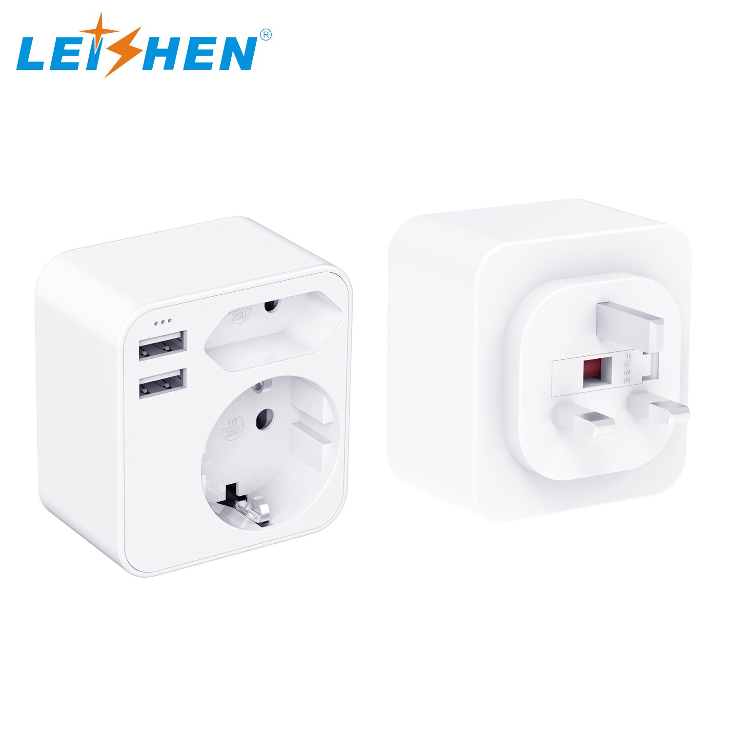 Leishen USB-A+Type-C EU to UK Travel Adapter 2 Pin Plug Adaptor to 3 Pin for Travel Electronic Device for German France Spanish