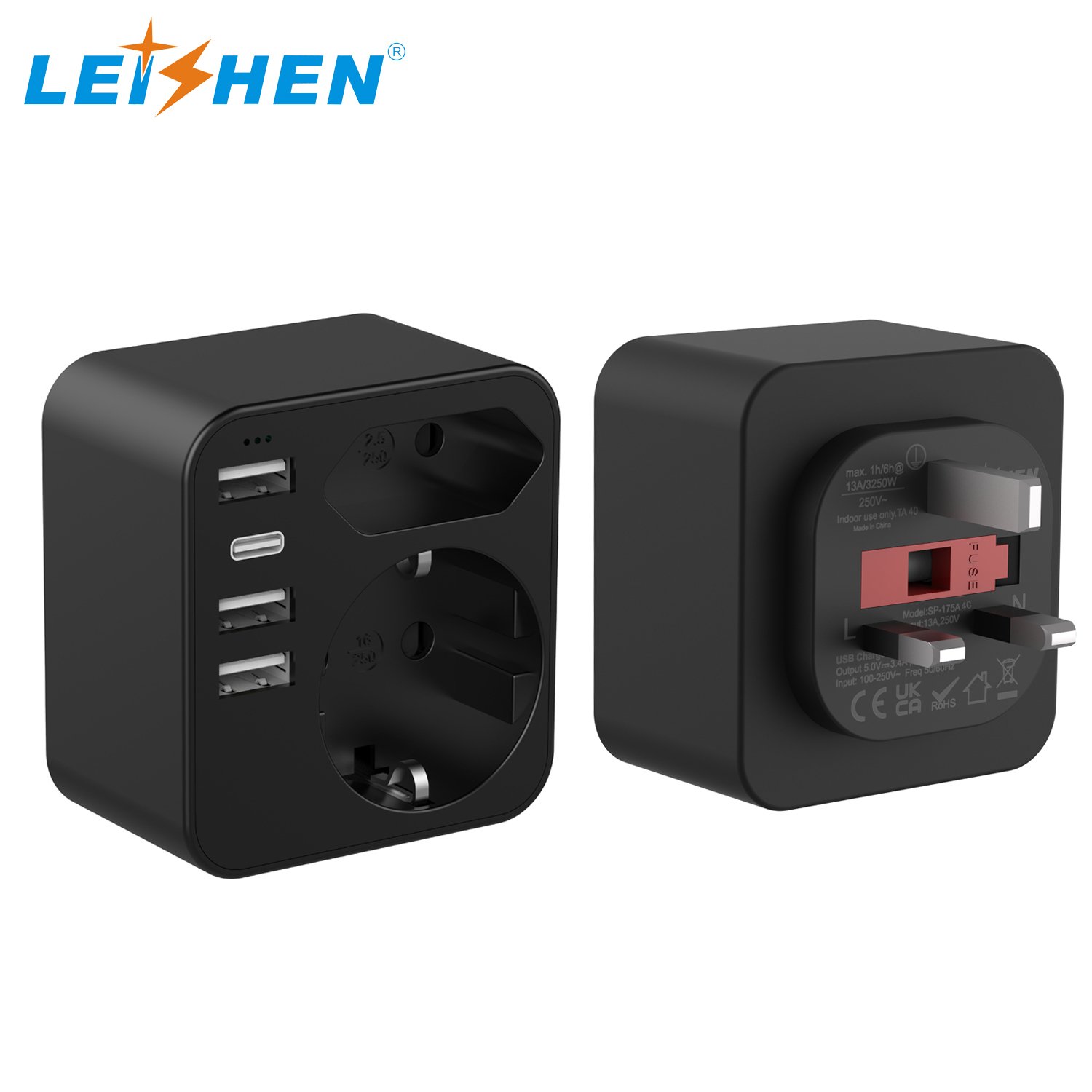 Leishen USB-A+Type-C EU to UK Travel Adapter 2 Pin Plug Adaptor to 3 Pin for Travel Electronic Device for German France Spanish