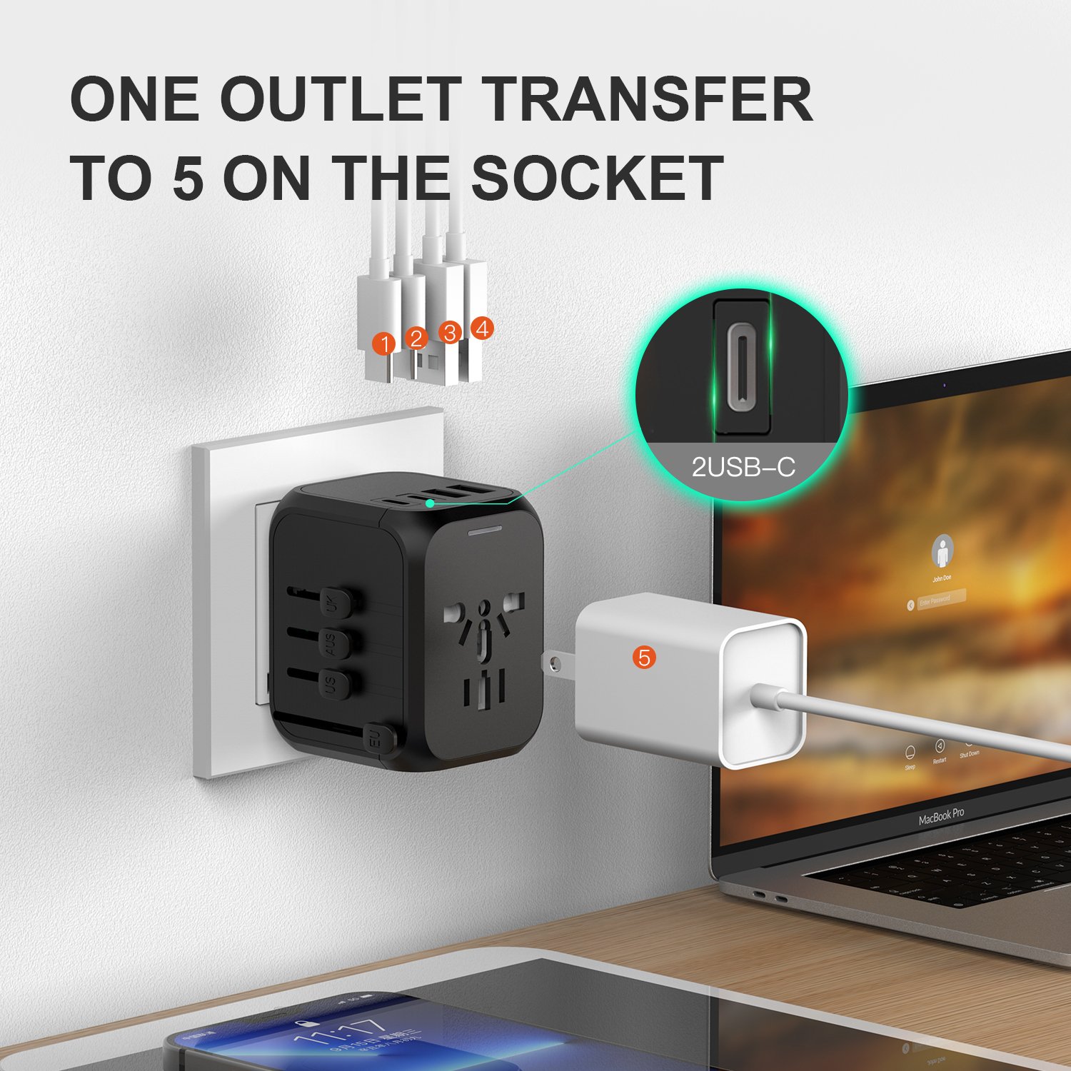 All In One Universal Usb Travel Power Adapter With 2 Usb Port And 2 Type-c International Wall Charger Worldwide Ac Power Plug