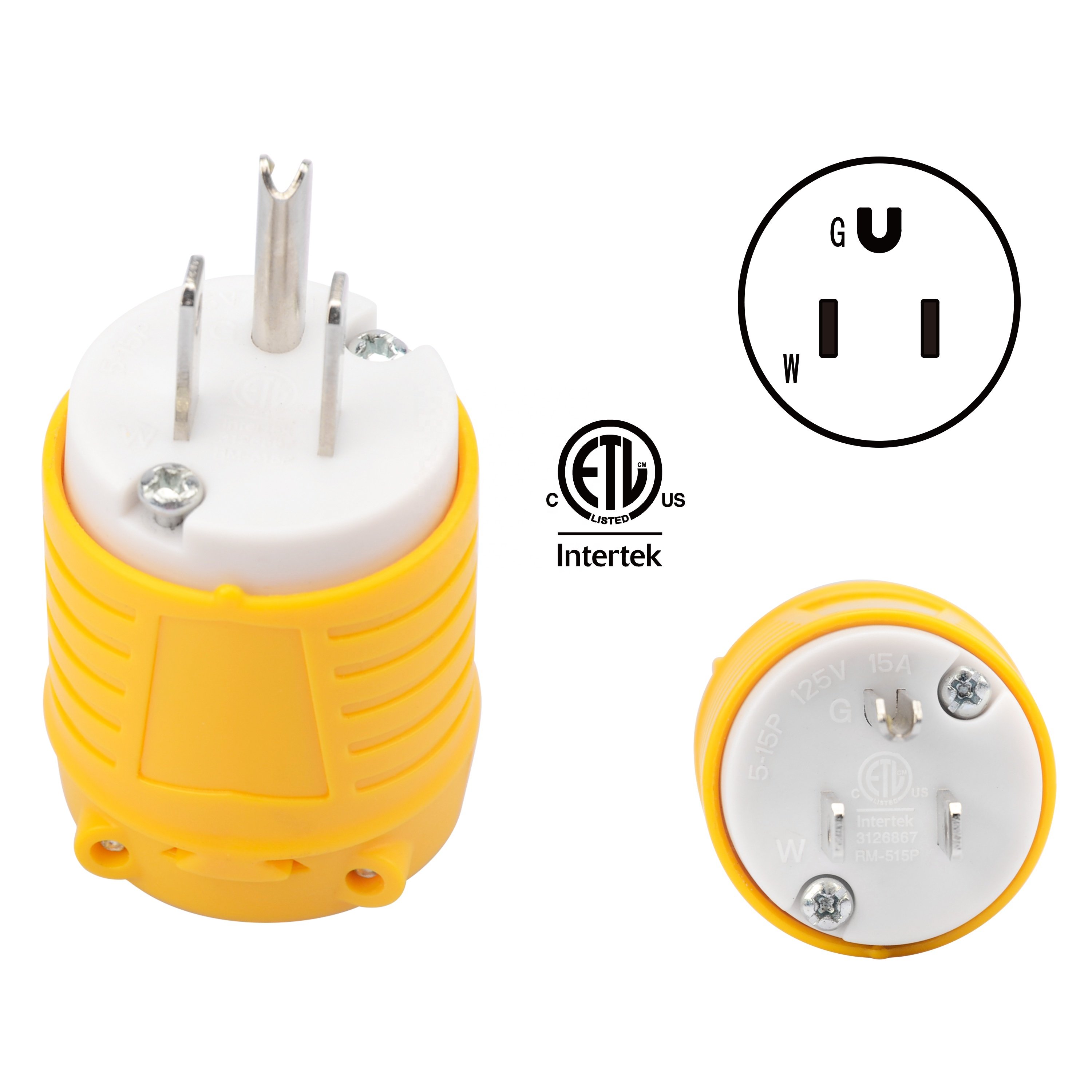 NEMA 5-15P Replacement Plug, 15A 125V 1,875W Extension Cord Ends Male Assembly Plug, ETL/cETL Certificated Industry Power Plug