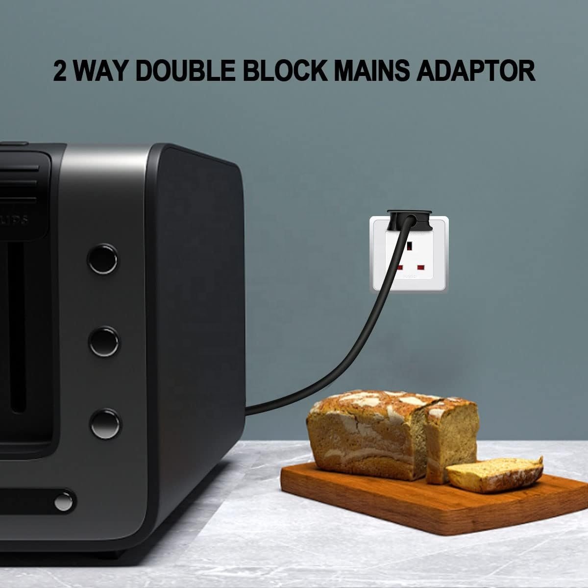 2 Way Double Block Mains Adaptor, 3 Pins Socket Splitter Extension UK Plug, 13A Fused Wall Adaptor Power Extender