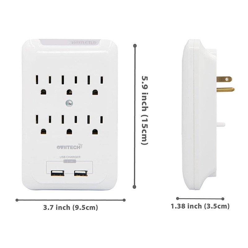 6-Outlet Wall Mount Surge Protector USB Charging Ports ABS Material 125V Rated Voltage 1A Rated Current Compatible US Plug