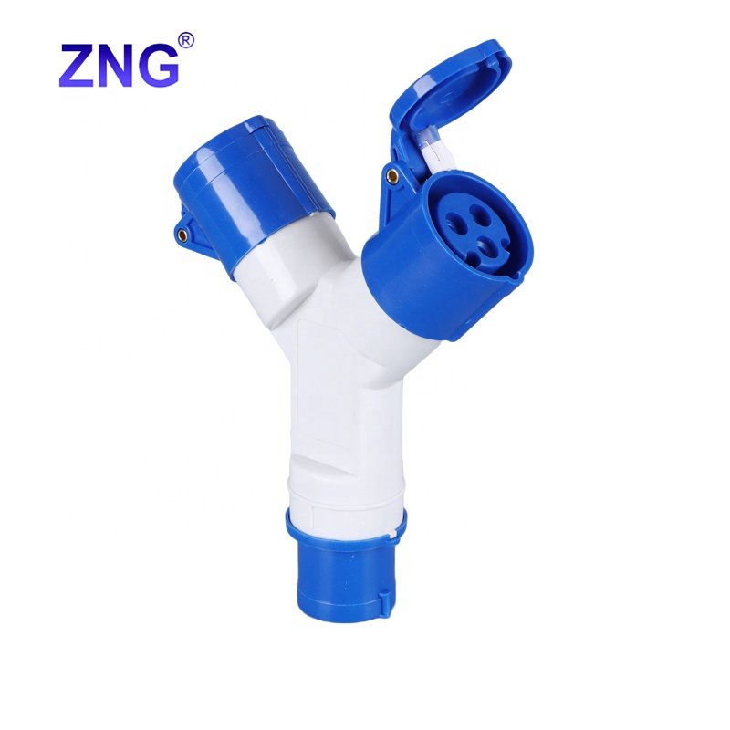 ZNG-1012 IP44 2 Way Industrial Plug 2P+PE 16A One In Two Outlet Industrial Y Splitter Socket
