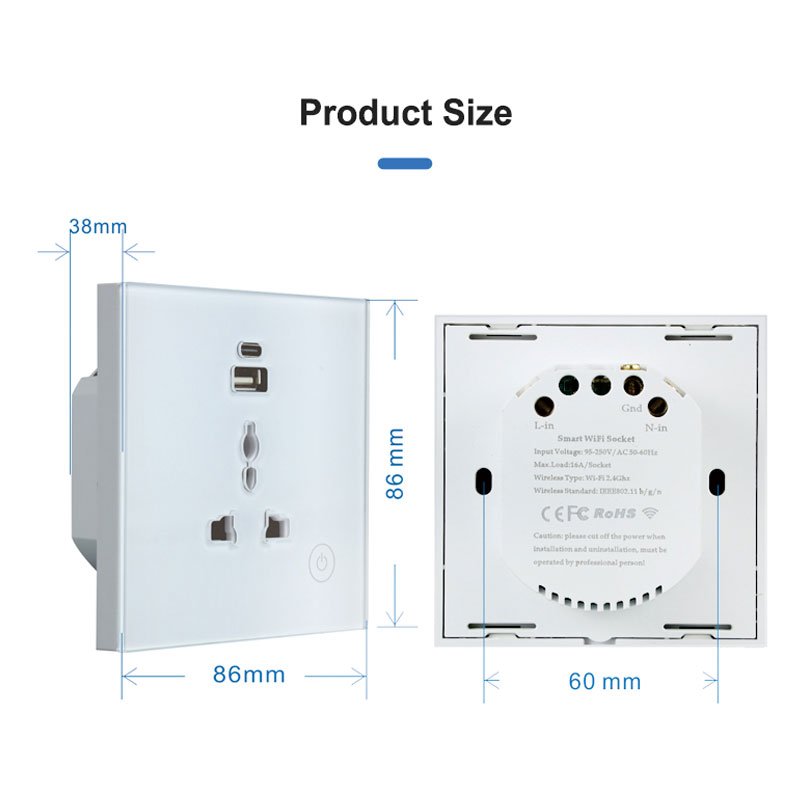 matter Tempered Glass Neutral Live 15A Tuya Wall Socket Type C USB Plug Port Universal WiFi Smart Socket