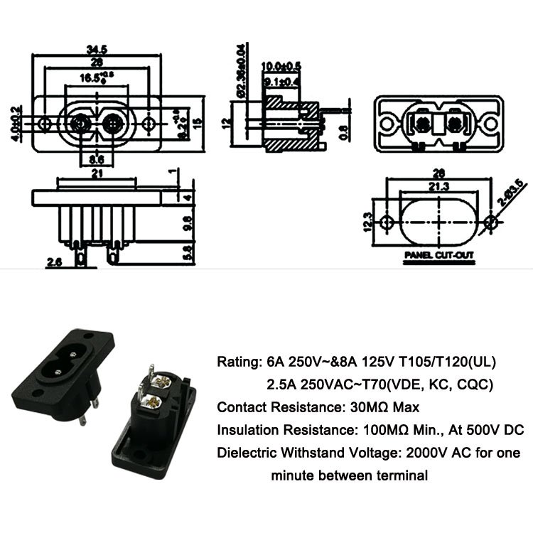 Adapter iec c7 power cord pcb type 110v plug 2 male inlet socket