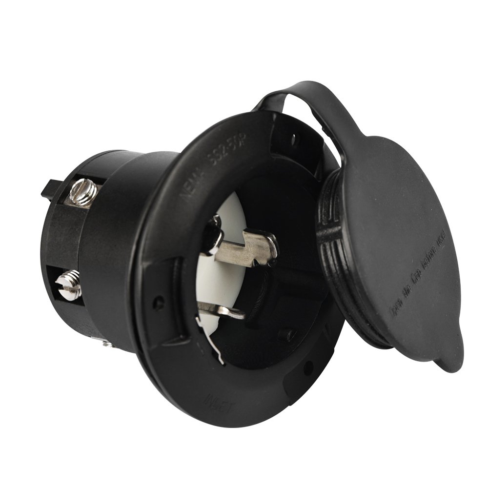 50 Amp 125/250 Volt RV Power Plug Twist Lock Inlet NEMA SS 2-50P with Cover Including 3 Stainless Steel Pins Black