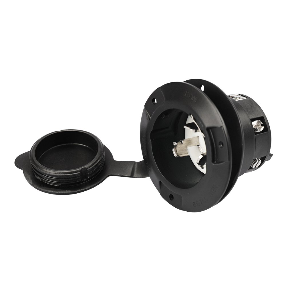 50 Amp 125/250 Volt RV Power Plug Twist Lock Inlet NEMA SS 2-50P with Cover Including 3 Stainless Steel Pins Black