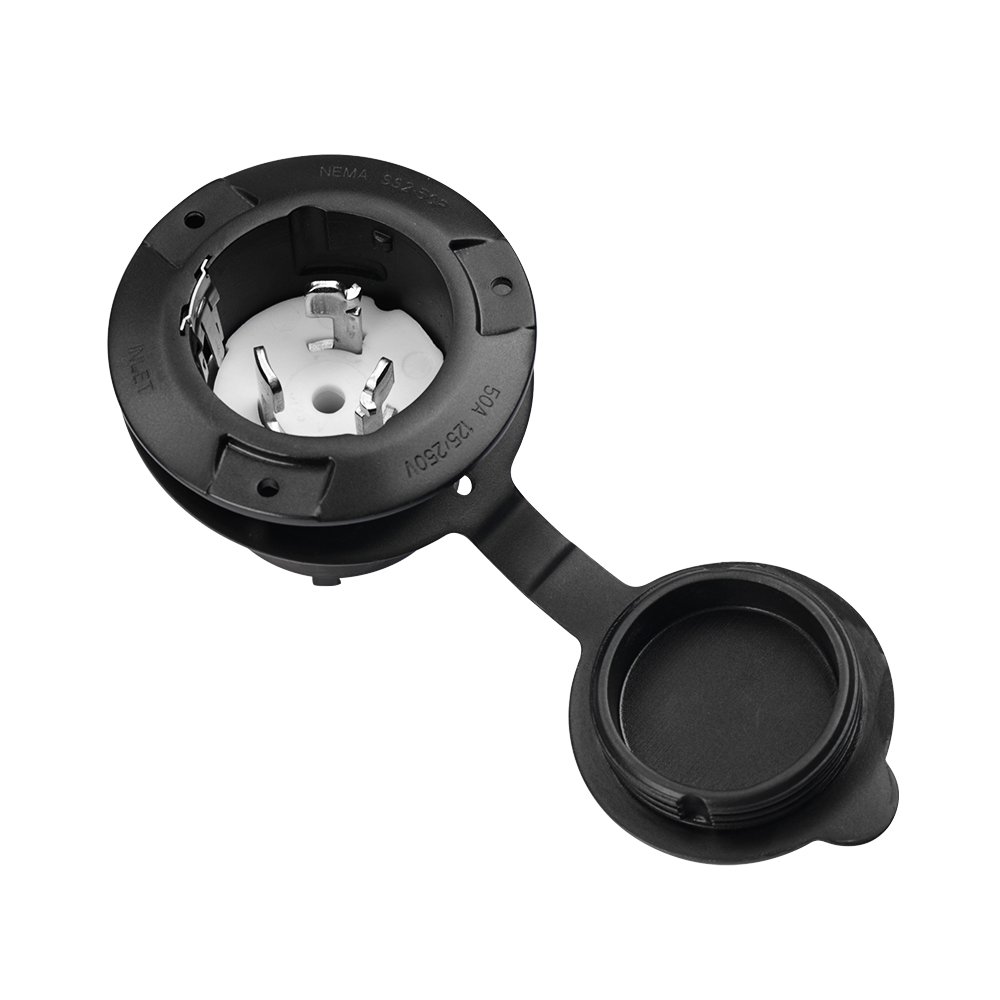 50 Amp 125/250 Volt RV Power Plug Twist Lock Inlet NEMA SS 2-50P with Cover Including 3 Stainless Steel Pins Black
