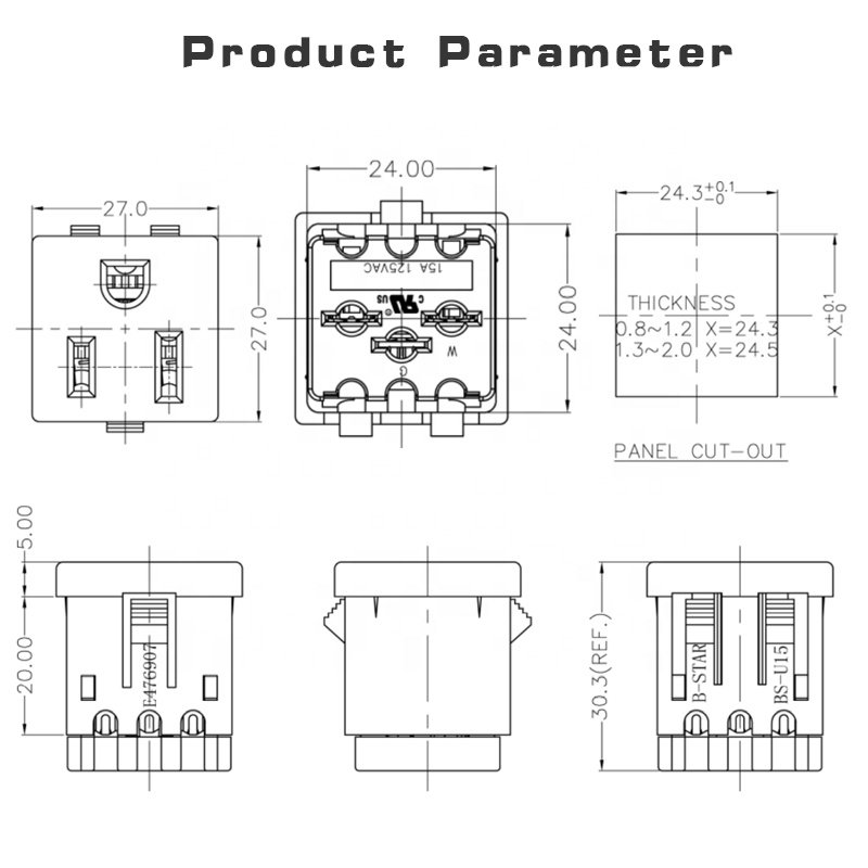 American US 3 Pins Power Socket NEMA 5-20R 20A power Plug Panel Mount Type Female Connectors Adapter for PDU