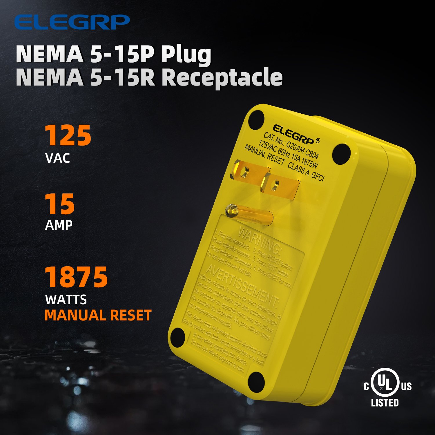15A 125V Manual reset GFCI adaptor 5-15P& 5-15R Single Socket Portable Yellow electrical gfci plugs with Socket