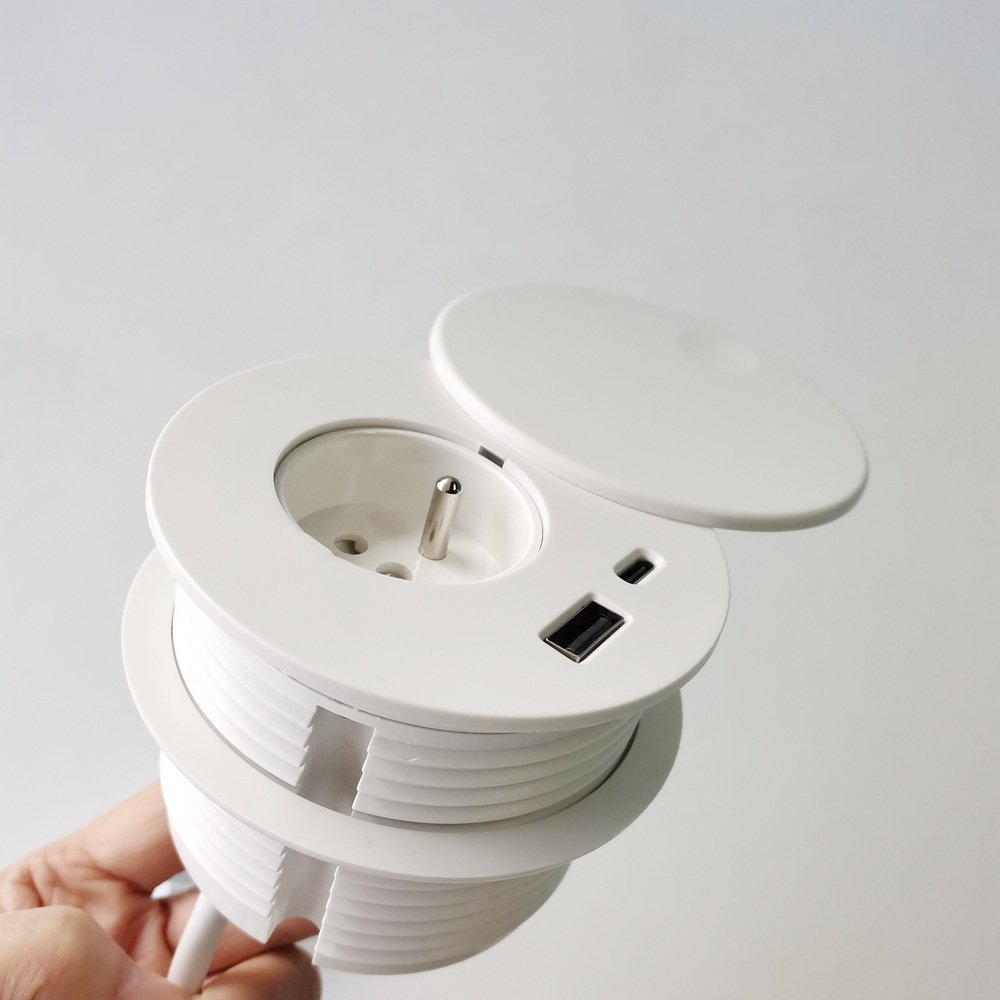 230V French EU plug hidden 80mm hole size all in one office furniture desktop power grommet socket with USB-C