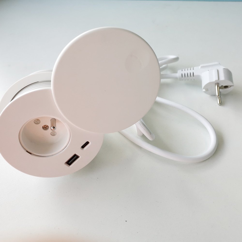 230V French EU plug hidden 80mm hole size all in one office furniture desktop power grommet socket with USB-C