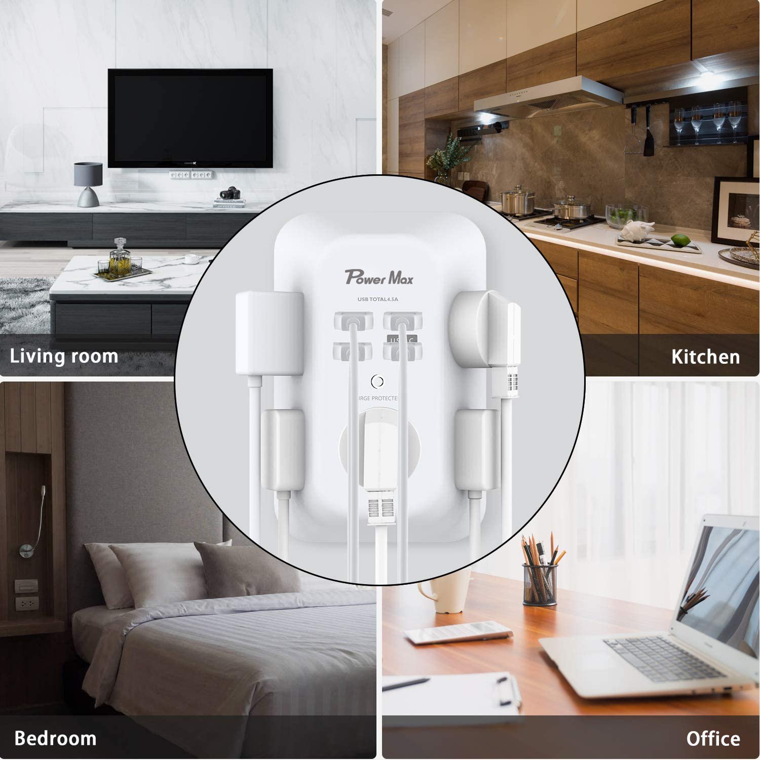 5 Outlet Extender with 4 USB Charging Ports ( 1 USB C Outlet) 3 Sided 1800J Power Strip Multi Plug Outlets, Wall Adapter Spaced