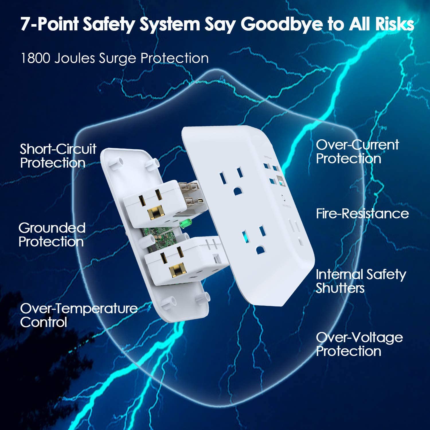 5 Outlet Extender with 4 USB Charging Ports ( 1 USB C Outlet) 3 Sided 1800J Power Strip Multi Plug Outlets, Wall Adapter Spaced