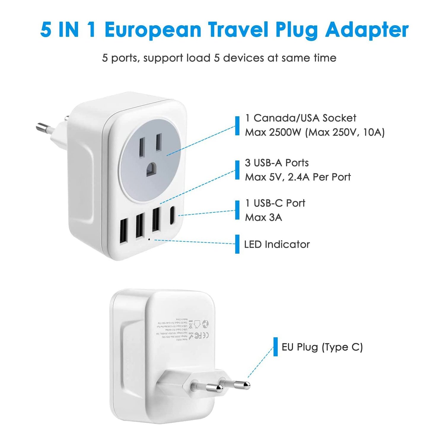 US to DE Travel 3 USB 1 Type-C 1 Socket One-Turn Multi-Extension Wall Socket Power Strips Switching AU Outlet