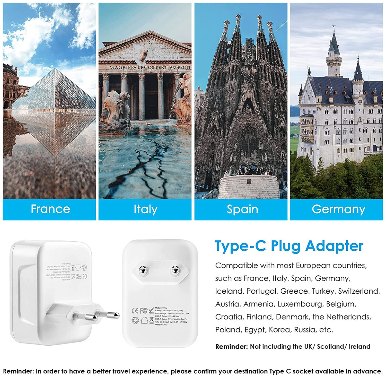 US to DE Travel 3 USB 1 Type-C 1 Socket One-Turn Multi-Extension Wall Socket Power Strips Switching AU Outlet