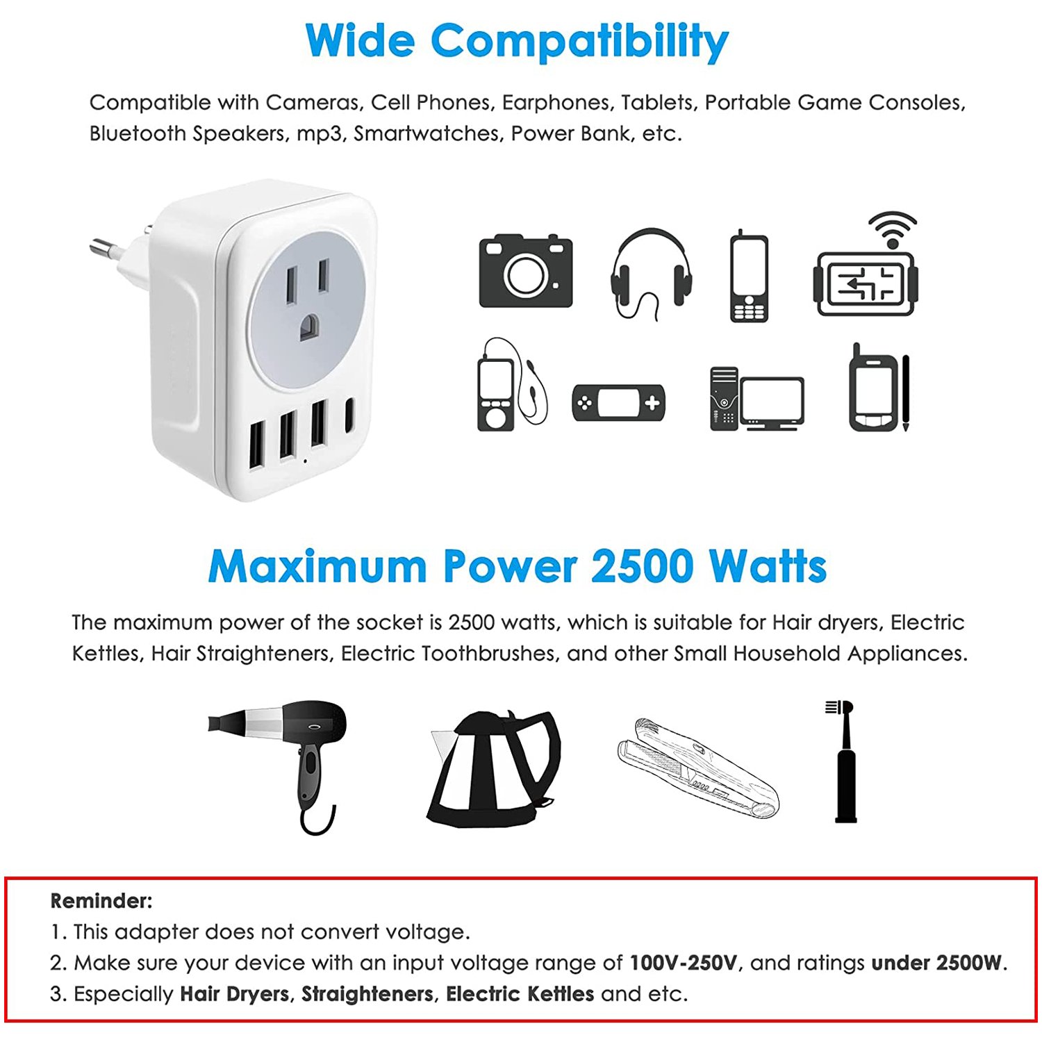US to DE Travel 3 USB 1 Type-C 1 Socket One-Turn Multi-Extension Wall Socket Power Strips Switching AU Outlet