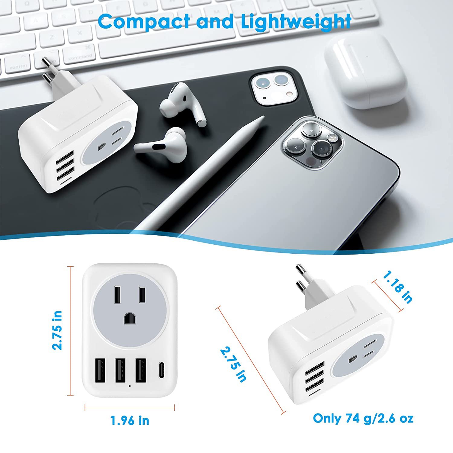 US to DE Travel 3 USB 1 Type-C 1 Socket One-Turn Multi-Extension Wall Socket Power Strips Switching AU Outlet