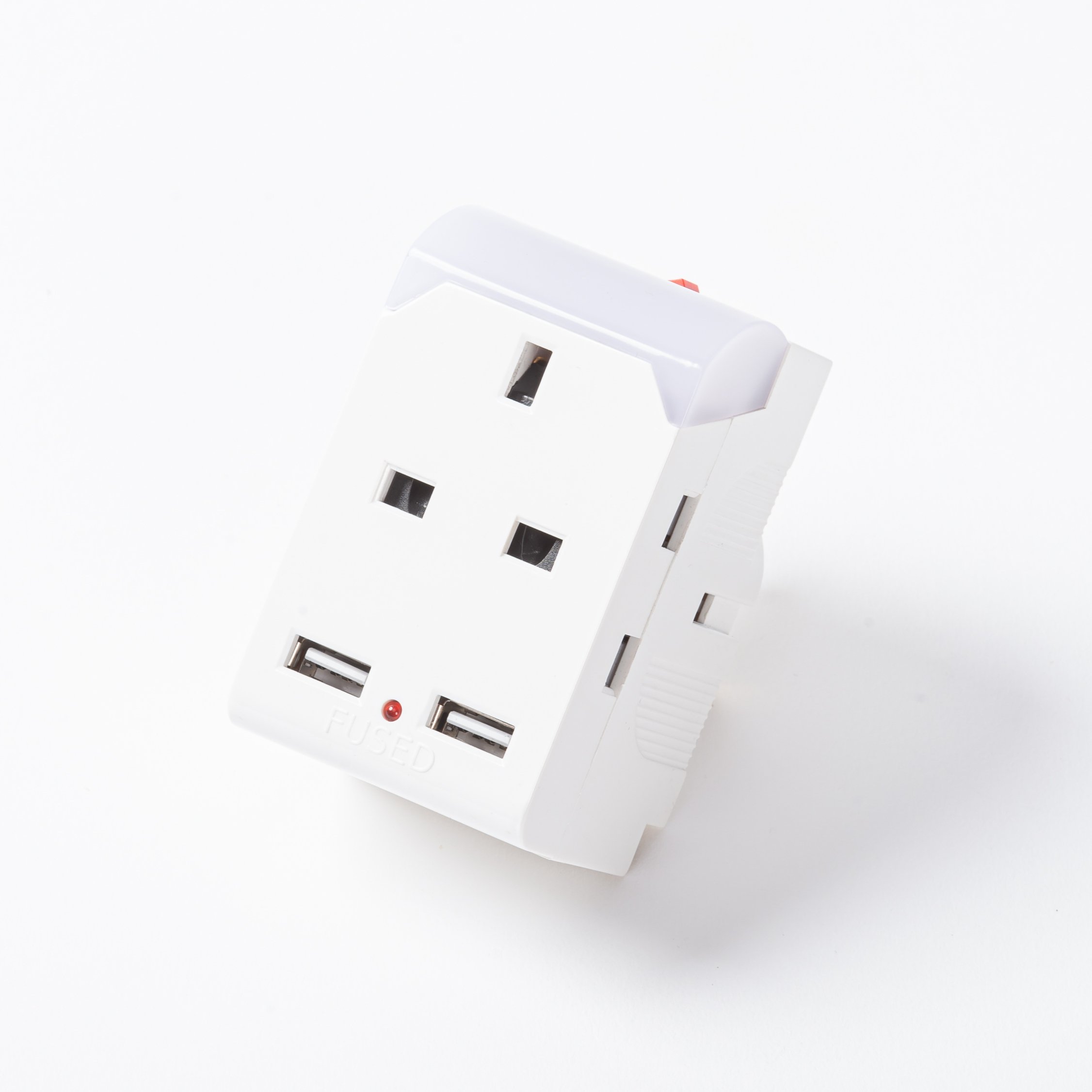 13A Fuse 3-Way UK Plug Travel Adapter with LED Night Light One Switch Control 2.1 USB Ports CB Certified White Color