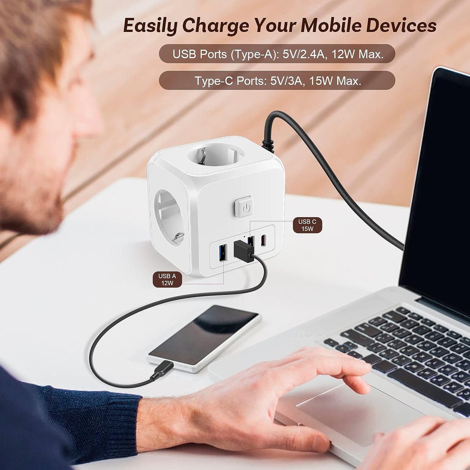 7in1 PD35W 16A 4000W 100-250V Cube Wall Socket EU USB Europe Plug For 3 AC outlets With USB A C Ports 1.5M Wire Cable