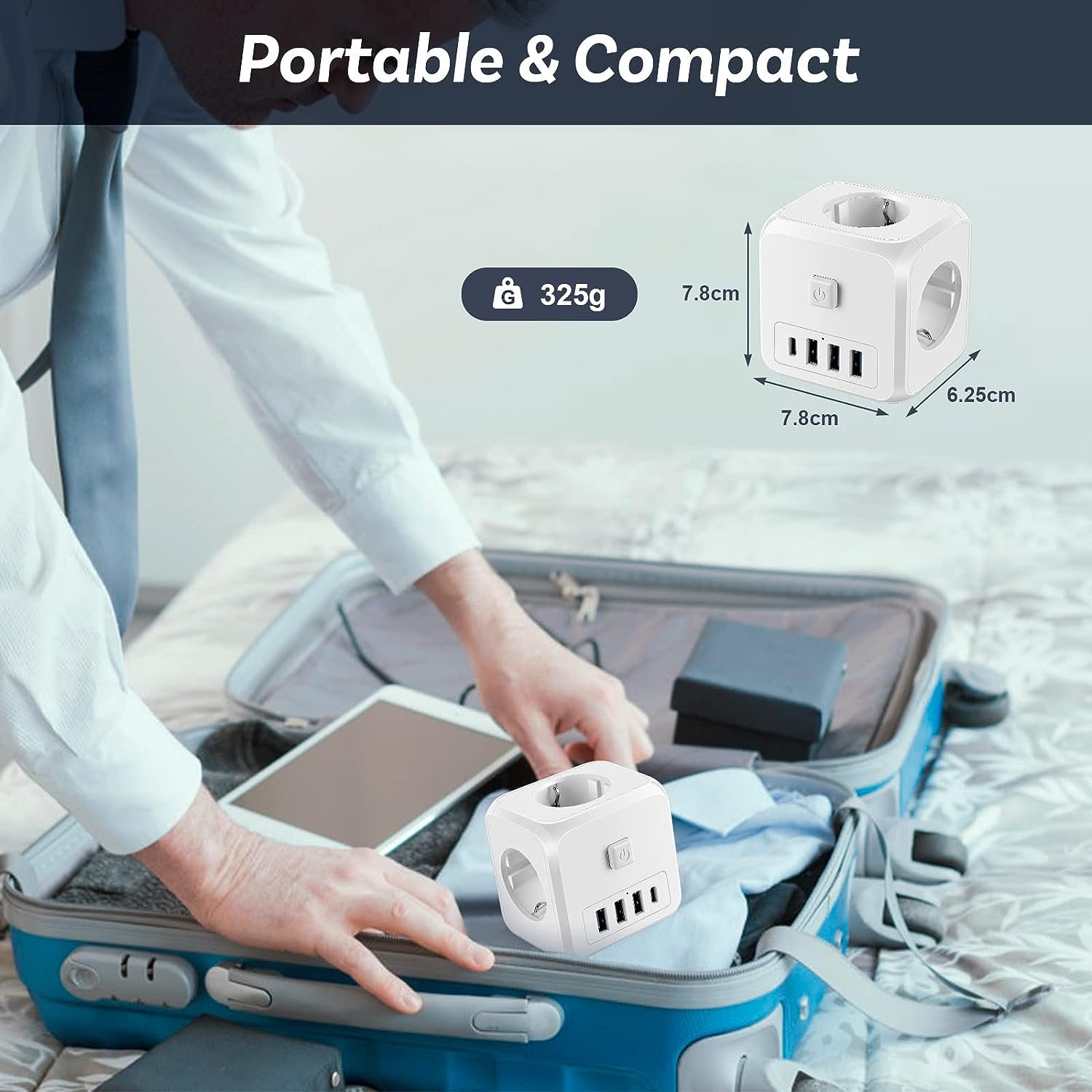 7in1 PD35W 16A 4000W 100-250V Cube Wall Socket EU USB Europe Plug For 3 AC outlets With USB A C Ports 1.5M Wire Cable
