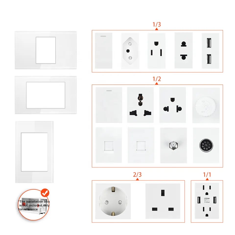 USB Type-C Fast Charging US Standard Dual Plug Wall socket 20W 118mm glass Panel White/Black/Grey Double American Socket