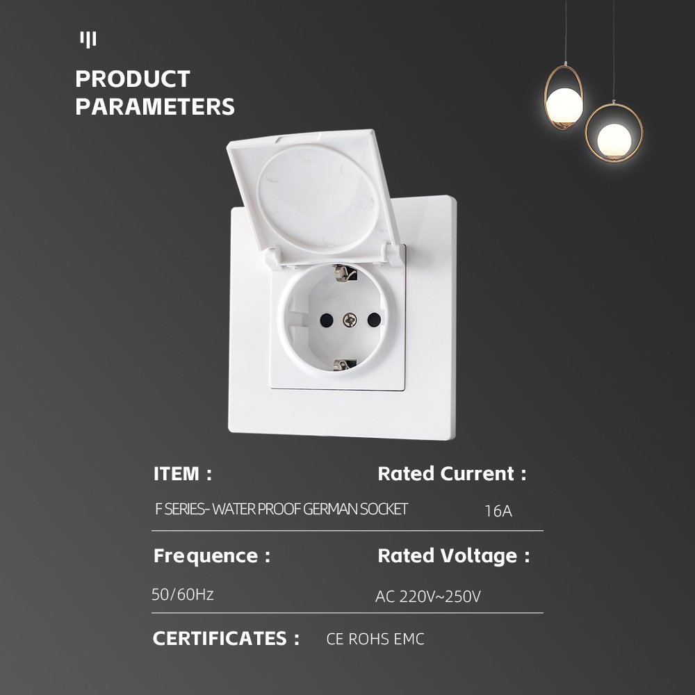 EU Electrical Plug Outlet 220V 250V 86mm Waterproof Ip44 Schuko Socket Power Socket with Cover