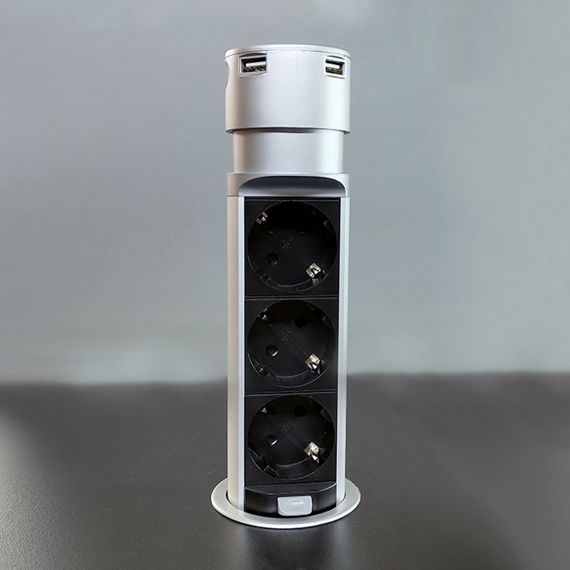 Hot Sale Modern Pop-Up Electrical Power Socket 16A 3 Plug 2 USB Vertical Motorized Recessed IP40 220-250V 50Hz EU/US/UK Standard