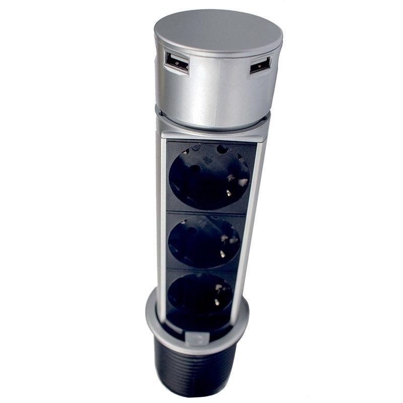 Hot Sale Modern Pop-Up Electrical Power Socket 16A 3 Plug 2 USB Vertical Motorized Recessed IP40 220-250V 50Hz EU/US/UK Standard