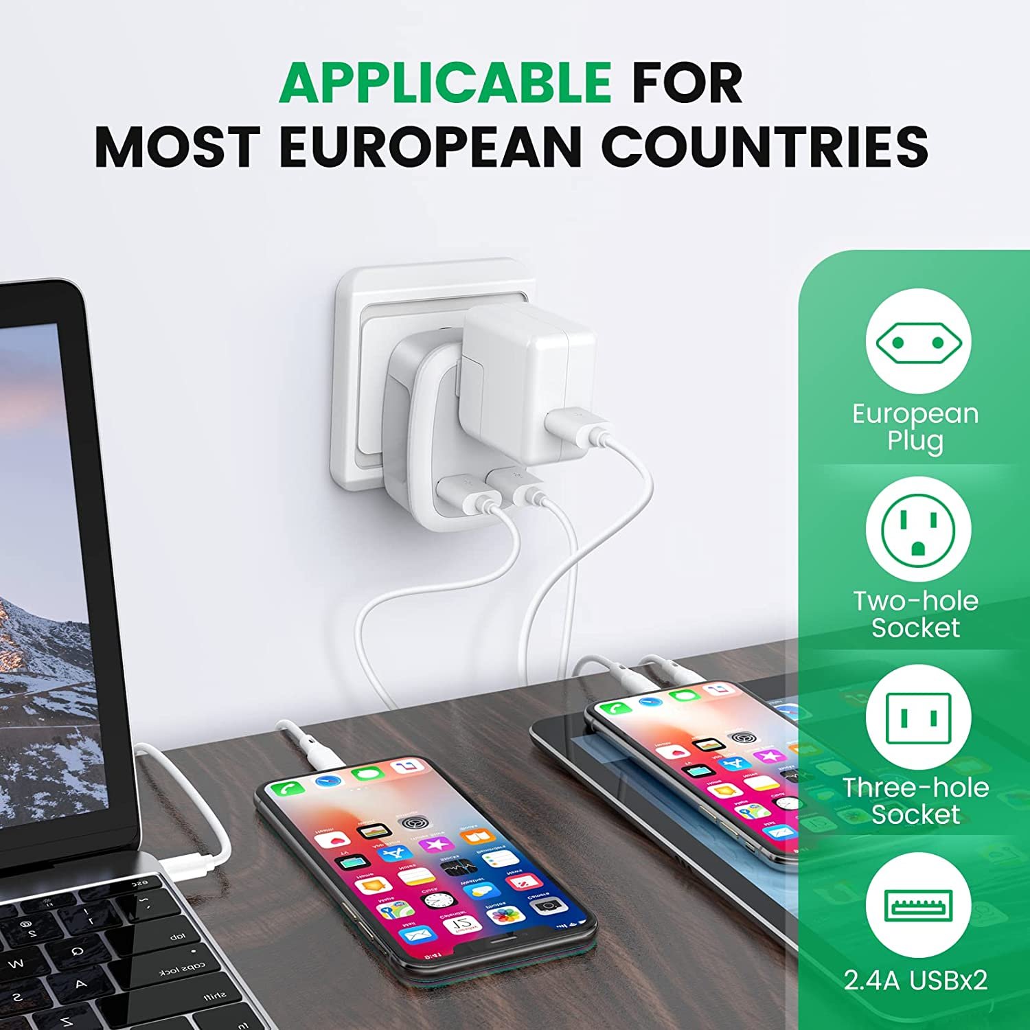 International Power Adapter with 2 USB Ports American Outlets 3-in-1 European Plug for Travel White ABS SDK OEM ODM Order 10A