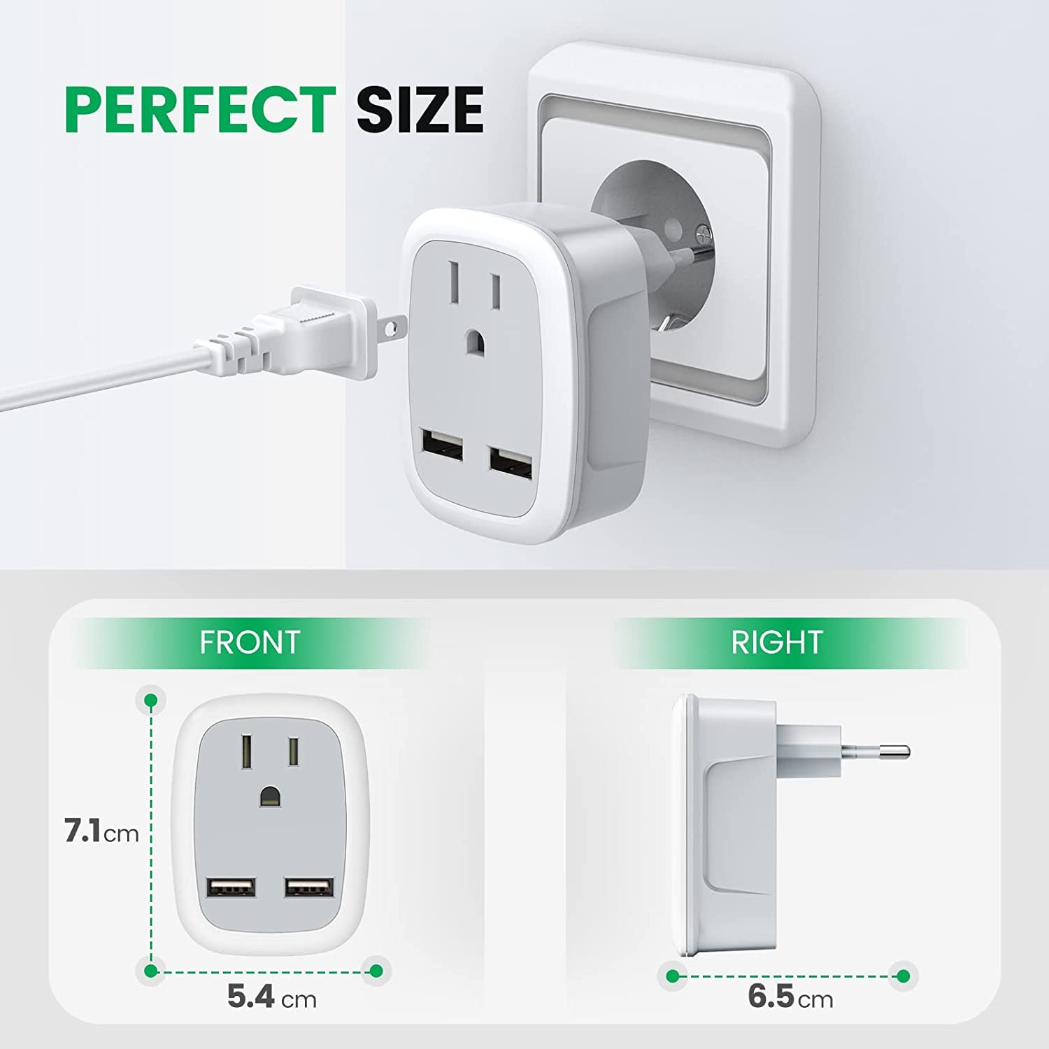 International Power Adapter with 2 USB Ports American Outlets 3-in-1 European Plug for Travel White ABS SDK OEM ODM Order 10A