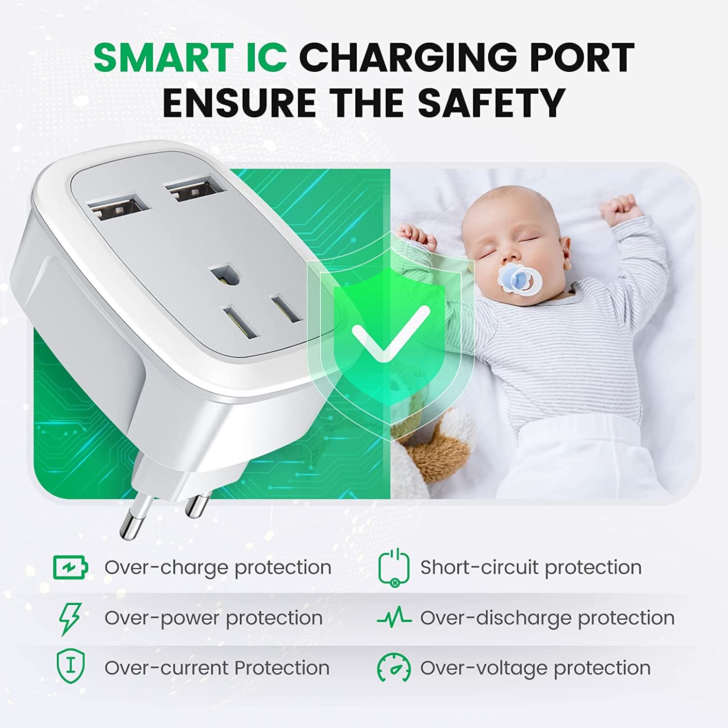 International Power Adapter with 2 USB Ports American Outlets 3-in-1 European Plug for Travel White ABS SDK OEM ODM Order 10A