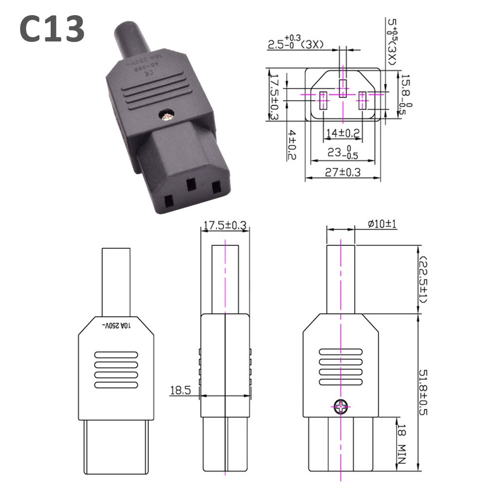 3pin 10A 250VAC AC IEC 320 C13 C14 Male Female Panel Mount AC Inlet Power Cord Adapter Plug and Socket Wiring Connector