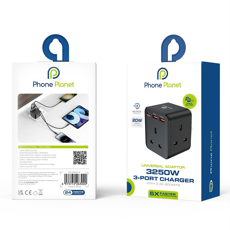 Phone Planet usb to usb c mulity devices plugs sockets CE/UKCA/BS1363 20w PD QC30w wall charger universal travel adapter