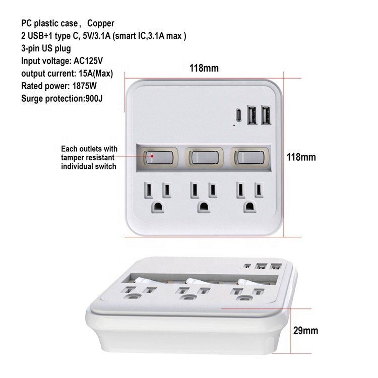 usb wall charger surge protector for outlet with 3 pin us plug sockets and 3 switches electrical